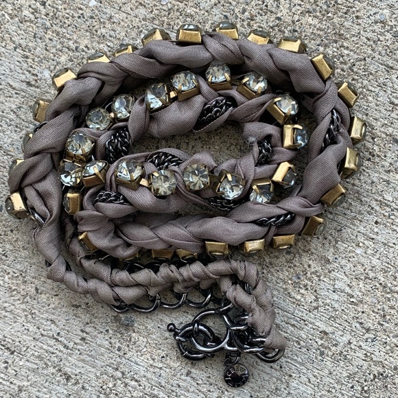 J. Crew Statement Necklace twisted fabric chains gunmetal brilliant rhin… - Picture 2 of 2